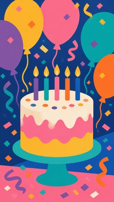 a birthday cake with lit candles surrounded by balloons and confetti, festive vertical composition, no text