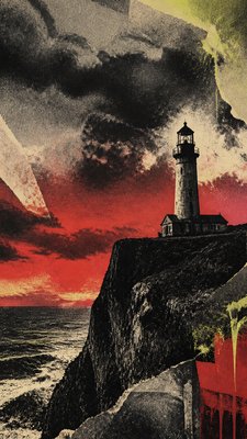 a lone lighthouse on a cliff at dusk under a dramatic sky, no text or lettering