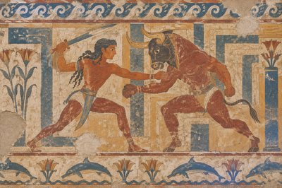 ancient Theseus fights the Minotaur in his labrynth