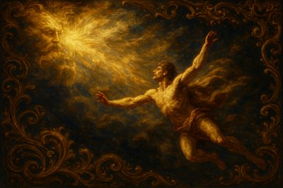 a painting of a man reaching up to the sky