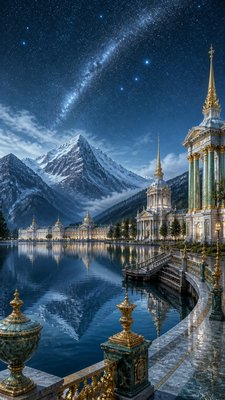a tranquil mountain lake beneath a starry night sky, no people, no text