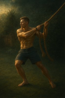 a painting of a man holding a rope