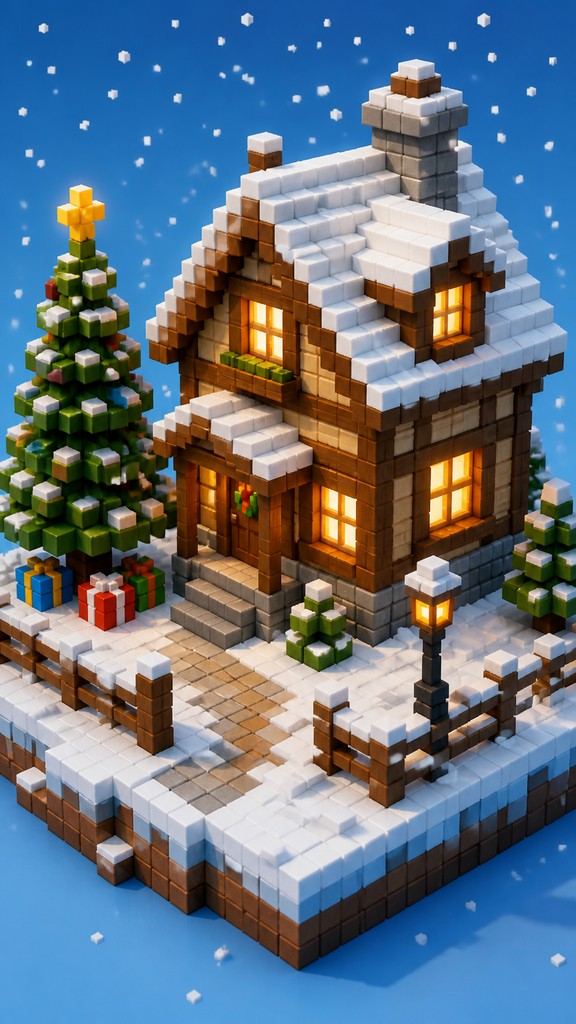 a snow-covered cottage with warm glowing windows beside a decorated pine tree, gentle snowfall, no text