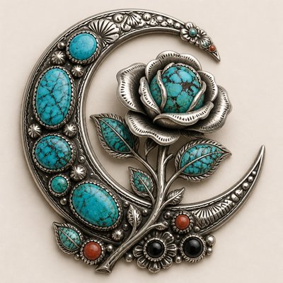 a rose entwined with a crescent moon, clean balanced composition on a plain background, no text
