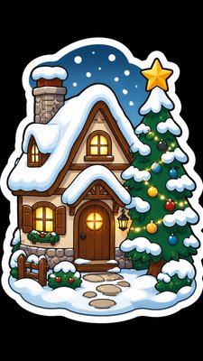 a snow-covered cottage with warm glowing windows beside a decorated pine tree, gentle snowfall, no text