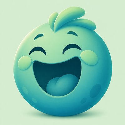 an exaggerated laughing face of an original round mascot character, bold and readable at small size, plain background, no text