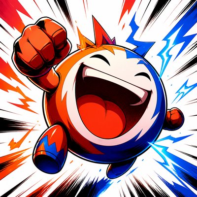 an exaggerated laughing face of an original round mascot character, bold and readable at small size, plain background, no text