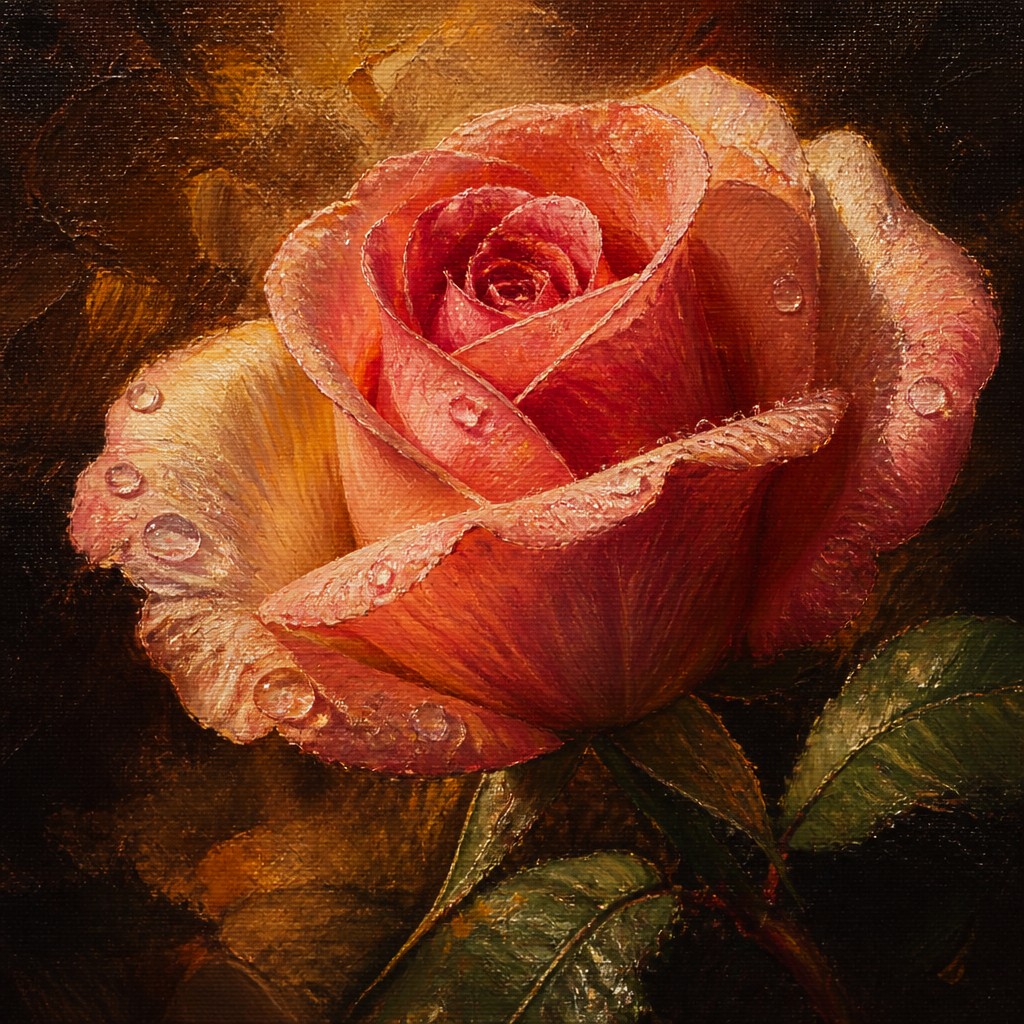 a single blooming rose with dew drops, close up