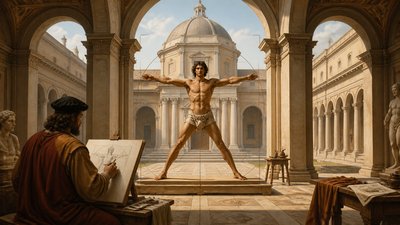 Vitruvian athlete posing for a Renaissance artist