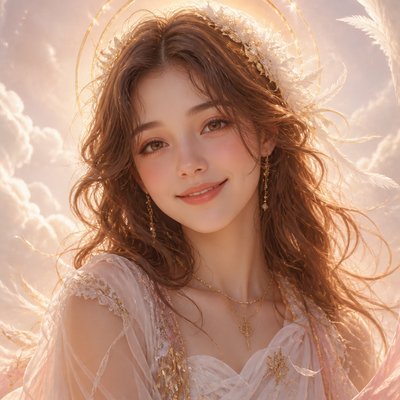 head-and-shoulders portrait of an original character: a young woman with wavy chestnut hair and a warm smile, plain soft backdrop