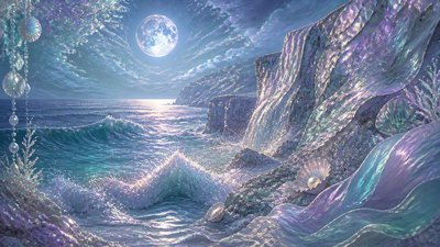 a moonlit coastline with cliffs and crashing surf, no people