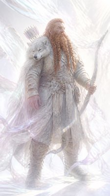 full-body original character: a dwarven ranger with a braided auburn beard, worn leather armor, a longbow and a wolf-pelt cloak, neutral background, no text