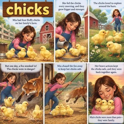 Please create a narrative for the spelling word "chicks". Please prominently display the word.