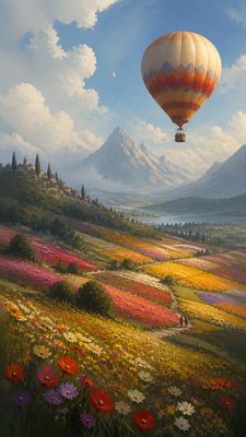 a hot air balloon drifting over rolling flower fields on a sunny day, cheerful, no text