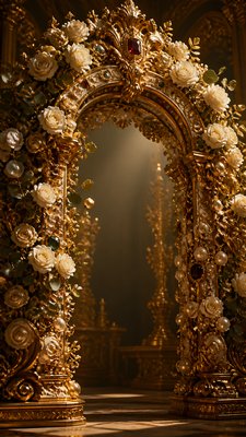 an arch of white roses and eucalyptus in soft morning light, elegant vertical composition with open space, no text
