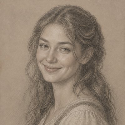 head-and-shoulders portrait of an original character: a young woman with wavy chestnut hair and a warm smile, plain soft backdrop