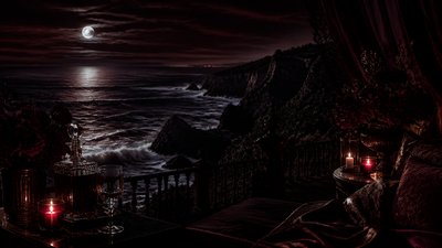 a moonlit coastline with cliffs and crashing surf, no people