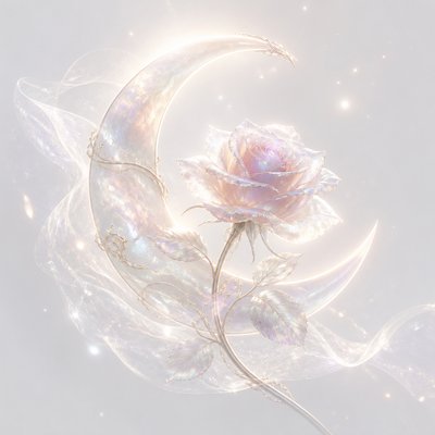 a rose entwined with a crescent moon, clean balanced composition on a plain background, no text