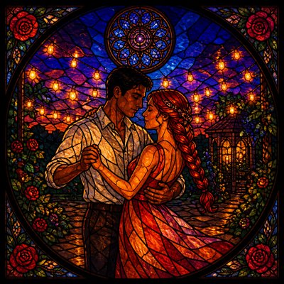 an original couple dancing under string lights in a garden at dusk: a man with short black hair in a linen shirt and a woman with braided red hair in a summer dress