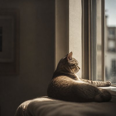 a cat lounging in a sunlit window