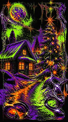 a snow-covered cottage with warm glowing windows beside a decorated pine tree, gentle snowfall, no text