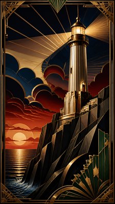 a lone lighthouse on a cliff at dusk under a dramatic sky, no text or lettering