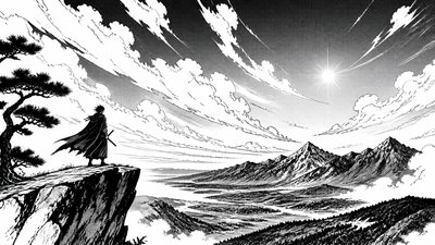 sweeping panoramic landscape with a dramatic sky