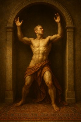 a painting of a man with his hands in the air
