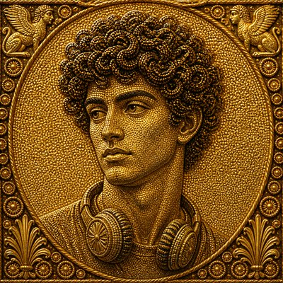head-and-shoulders portrait of an original character: a young man with curly dark hair and headphones around his neck, plain backdrop, no text