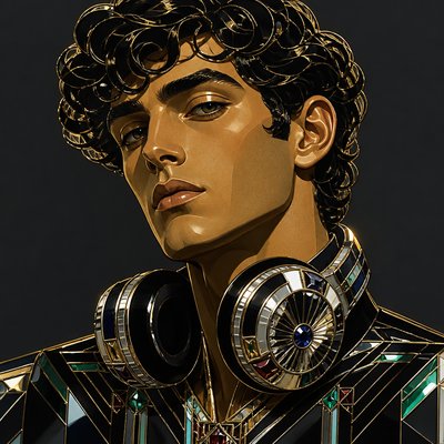 head-and-shoulders portrait of an original character: a young man with curly dark hair and headphones around his neck, plain backdrop, no text