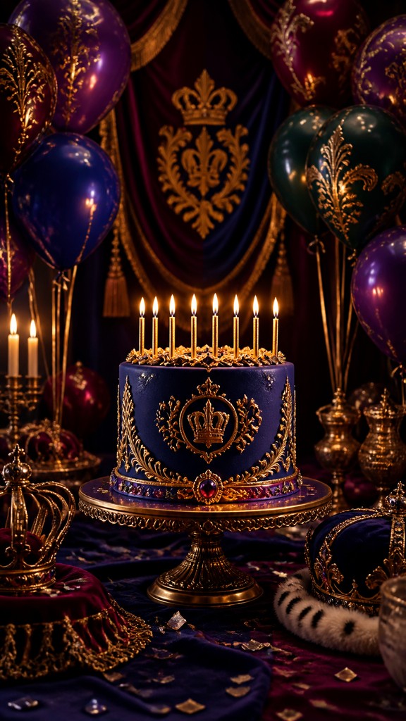 a birthday cake with lit candles surrounded by balloons and confetti, festive vertical composition, no text