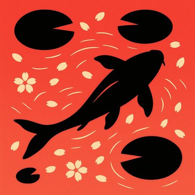 A koi pond seen from above, orange and white koi fish swimming among lily pads, clear water with subtle ripples, fallen cherry blossom petals floating on the surface, dappled sunlight