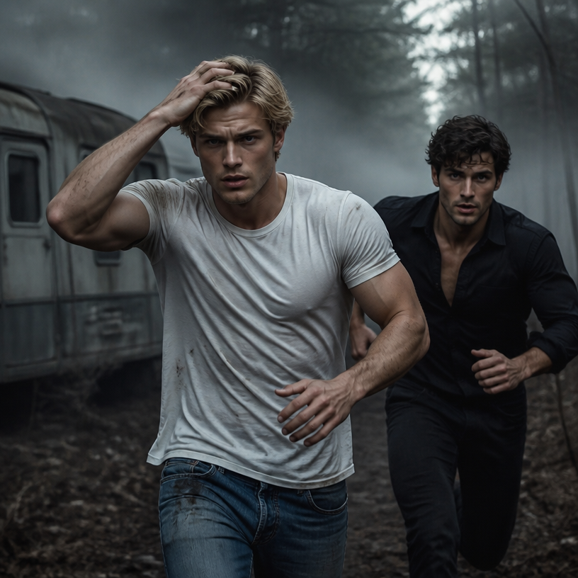 Ok tu me fait 2 personnages de roman , on va commencer avec un homme la vaingtaine dans la trentaine tres beau il est blond, il passe sa main dans ses cheveux, on voit le biceps il est en T-shirt blanc avec un jean à côté de lui, il se trouve un autre un homme dans les 30 ans, et alors là je veux que tu les cheveux noirs bouclé, sur les côtés, il a pas de lunettes il est en chemise, un daddy pas de barbe, pas de moustache. Une ambiance assez froide avec un brouillard glaçant autour d’eux une forêt, un caravane je sais pas une ambiance vraiment inquiétante et vraiment je veux une ambiance comme si on parlait d’un roman genre le blond au milieu. On dirait qu’il court tous les deux ou qu’il fuit comme dans sa roman. En fait derrière eux l’ambiance angoissante ils sont devant.