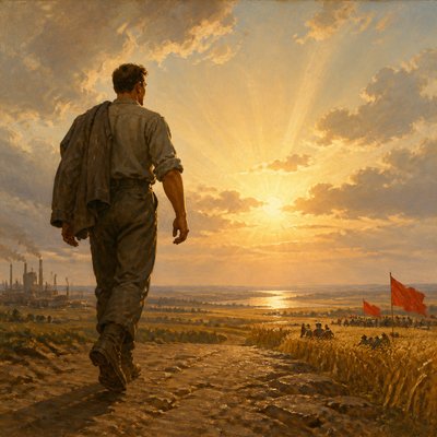 a solitary figure walking toward a glowing horizon across an empty plain, moody atmosphere, no text or lettering