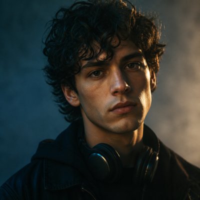 head-and-shoulders portrait of an original character: a young man with curly dark hair and headphones around his neck, plain backdrop, no text