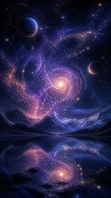 a tranquil mountain lake beneath a starry night sky, no people, no text