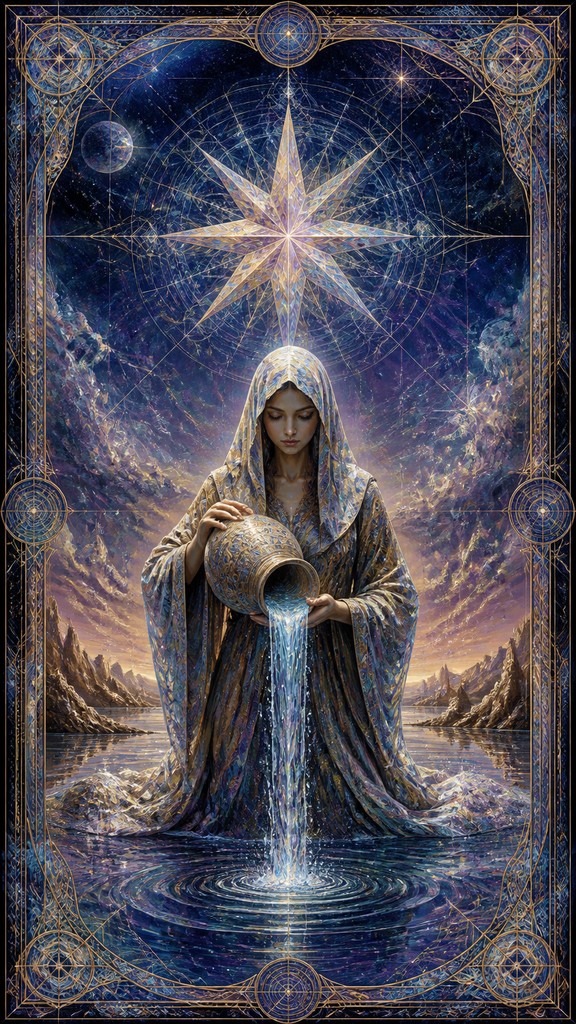 a robed figure pouring water beneath a large eight-pointed star in a night sky, symmetrical composition with an ornate decorative border, no text