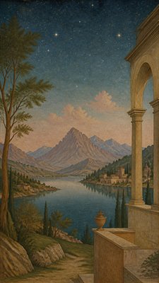 a tranquil mountain lake beneath a starry night sky, no people, no text