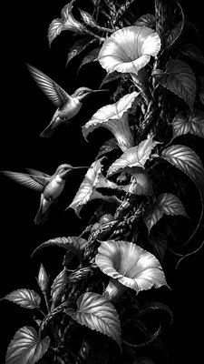 a climbing vine of flowers and hummingbirds on a dark background, tall wrapping composition, no text