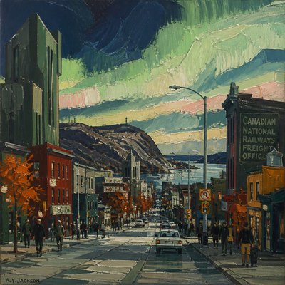 urban street with city activity — Canadian Art Style