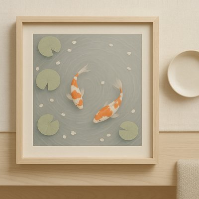 A koi pond seen from above, orange and white koi fish swimming among lily pads, clear water with subtle ripples, fallen cherry blossom petals floating on the surface, dappled sunlight
