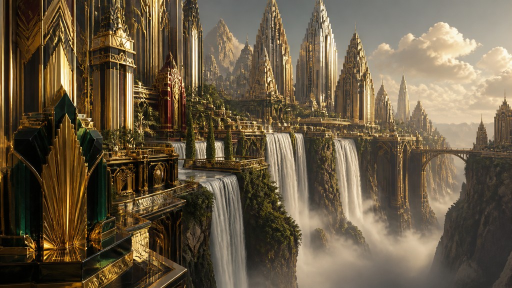 a cliffside city with waterfalls cascading into a misty canyon, wide establishing shot, no people, no text