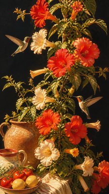 a climbing vine of flowers and hummingbirds on a dark background, tall wrapping composition, no text