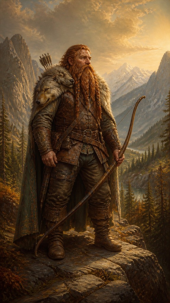 full-body original character: a dwarven ranger with a braided auburn beard, worn leather armor, a longbow and a wolf-pelt cloak, neutral background, no text