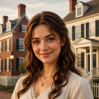 head-and-shoulders portrait of an original character: a young woman with wavy chestnut hair and a warm smile, plain soft backdrop