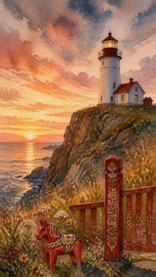 a lone lighthouse on a cliff at dusk under a dramatic sky, no text or lettering