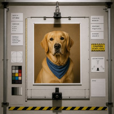 portrait of a golden retriever wearing a blue bandana, warm plain backdrop, no text