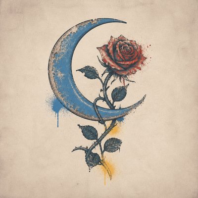 a rose entwined with a crescent moon, clean balanced composition on a plain background, no text
