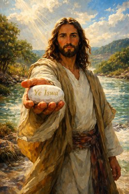 “Oh that my words were now written! oh that they were printed in a book! That they were graven with an iron pen and lead in the rock for ever! For I know that my redeemer liveth, and that he shall stand at the latter day upon the earth:” (Job 19:23-25, KJV) please depict this as Jesus holding out a polished white stone with "Ye Iswąˀ" written on it in Jesus palm as He stands by the Jordan river.
