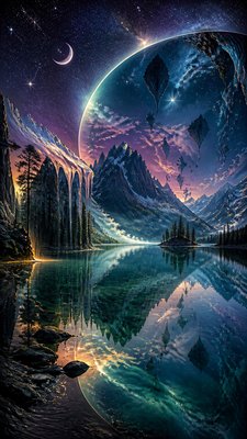 a tranquil mountain lake beneath a starry night sky, no people, no text
